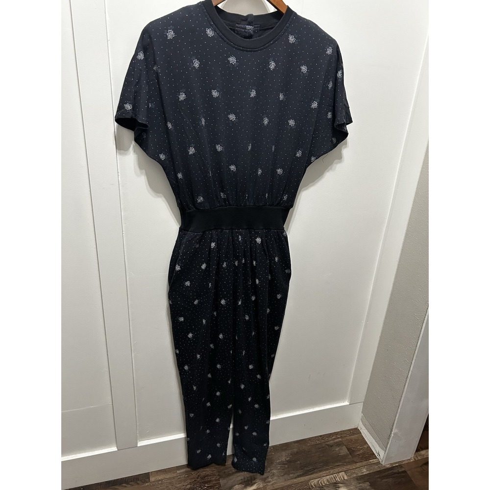 Vintage Paquette One-Piece Rose Navy Cotton Jumpsuit‎ Medium elastic waist